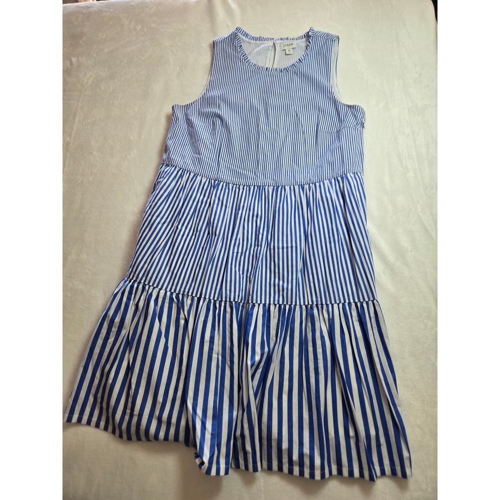 J.Crew Blue White Striped Tiered Ruffle Mini Dress Sleeveless Side Zip Size 8 - Picture 4 of 12